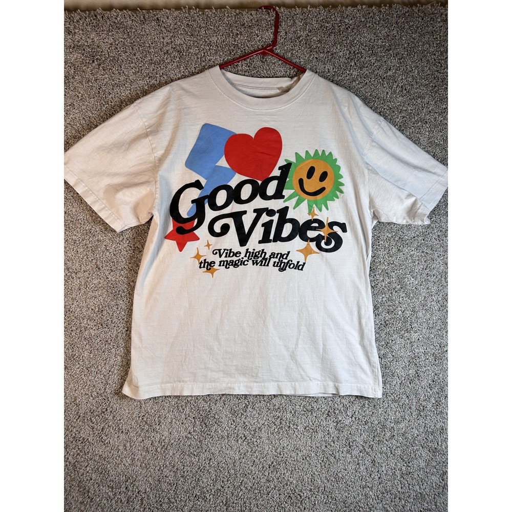 PacSun Good Vibes Puff Oversized T-Shirt Sz L White Graphic Short Sleeves Casual
